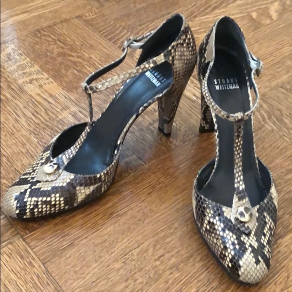 Stuart Weitzman T-Strap Snake Skin Heels
